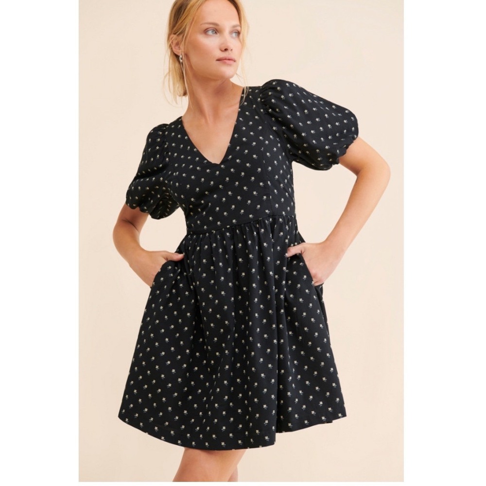 Madewell Black Mini Dress with Tiny White Floral Print
